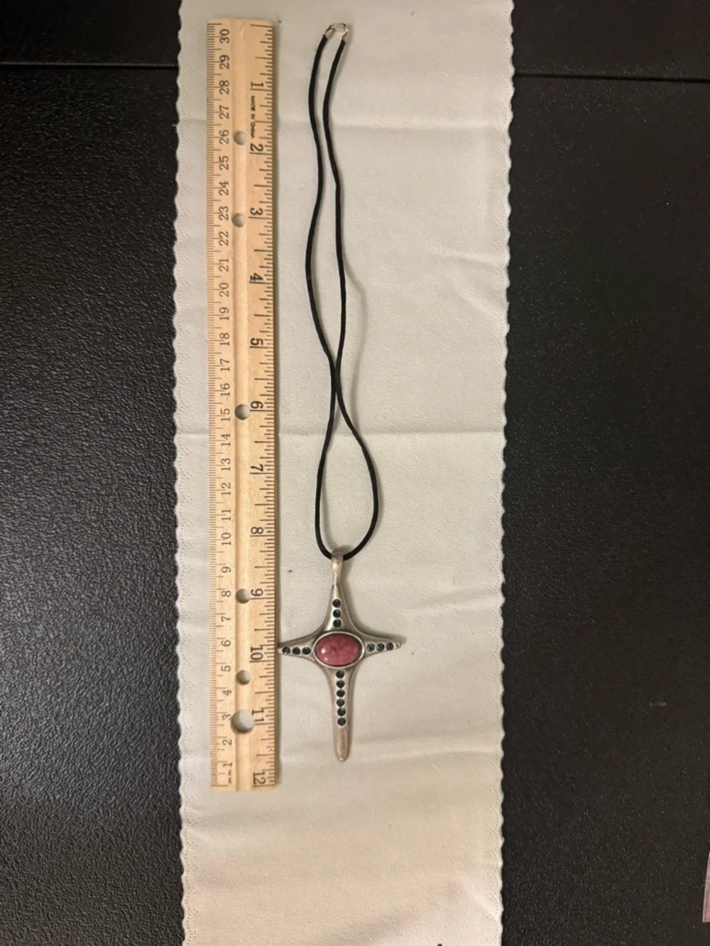 Antiqued Silver-Tone Cross Pendant Necklace w/ Pink and Blue Accent Stones